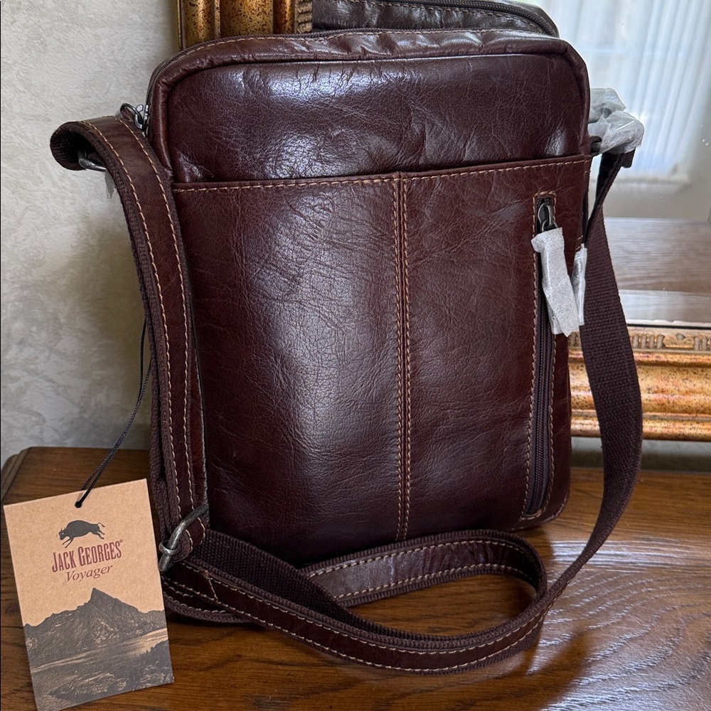 Men's/Unisex Jack George’s Brown Leather zippered Crossbody Bag w/Ft Zip Pocket. - Picture 7 of 15